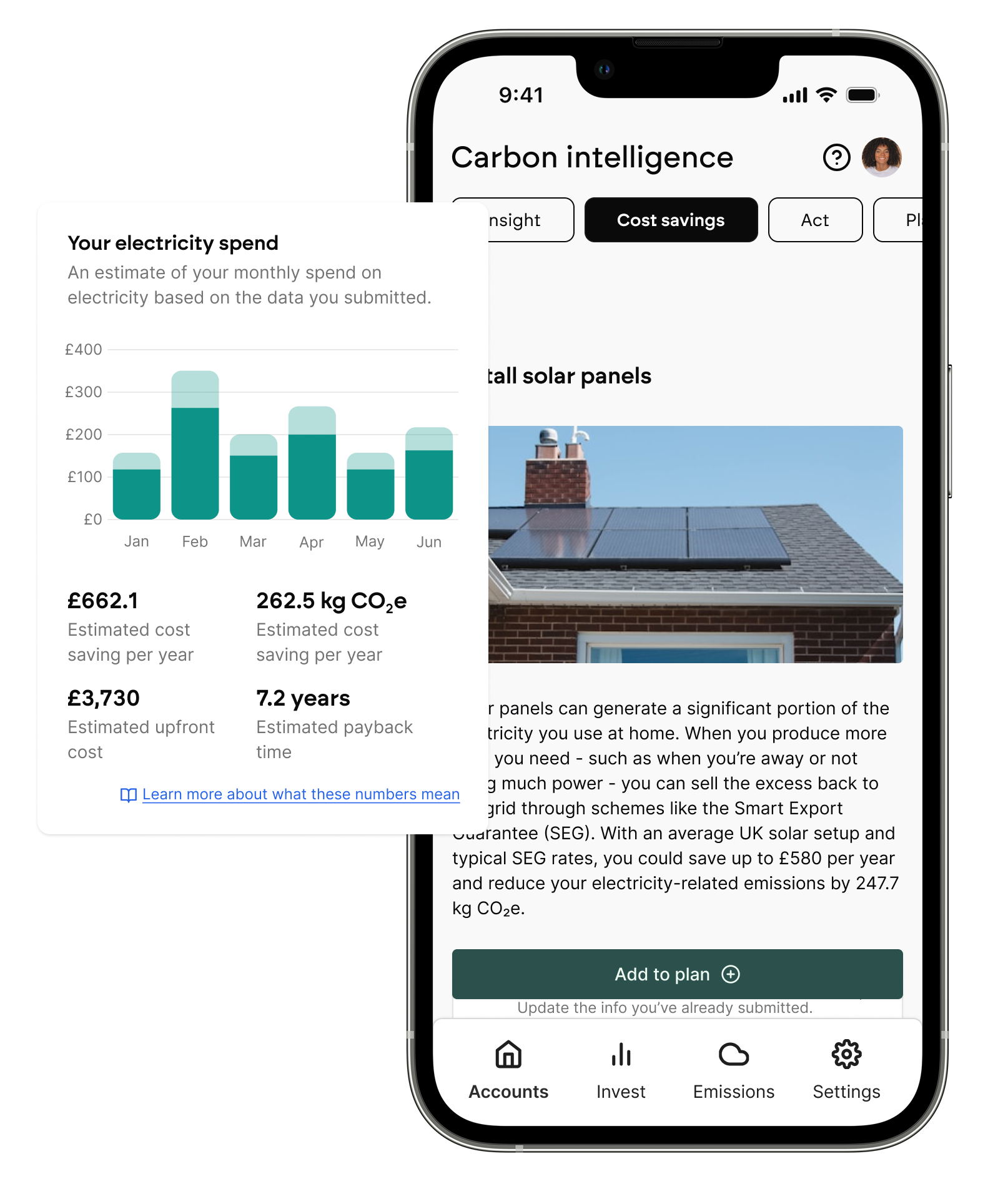 Carbon Act mobile interface showing decarbonisation recommendations
